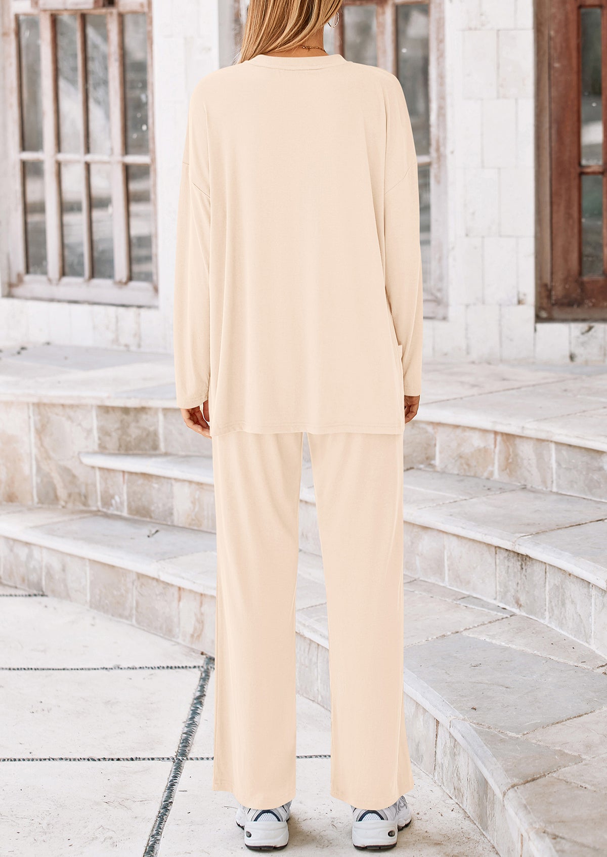 Long Sleeve High Low Tops T-Shirts Wide Leg Pants Two Piece Sets