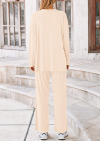 Long Sleeve High Low Tops T-Shirts Wide Leg Pants Two Piece Sets