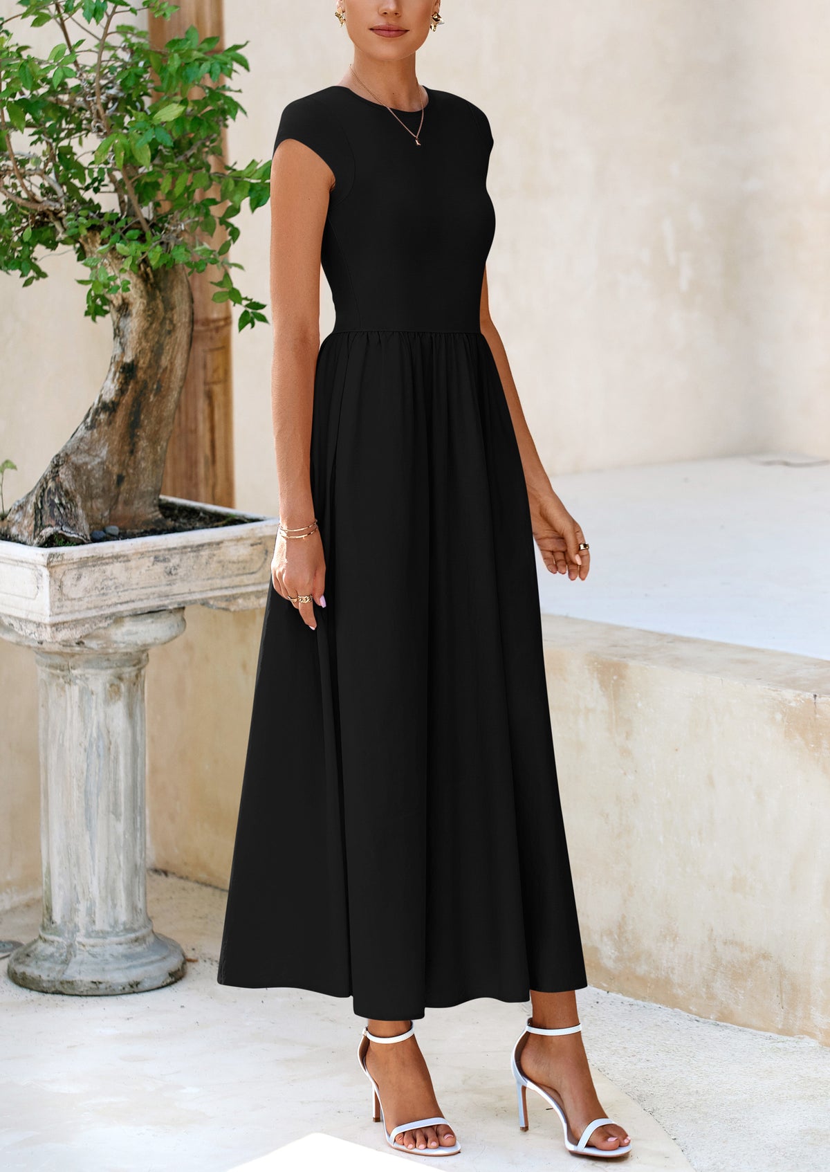 Casual Cap Sleeve Patchwork A Line Flowy Elegant Homecoming Maxi Dress