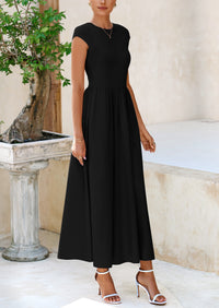 Casual Cap Sleeve Patchwork A Line Flowy Elegant Homecoming Maxi Dress