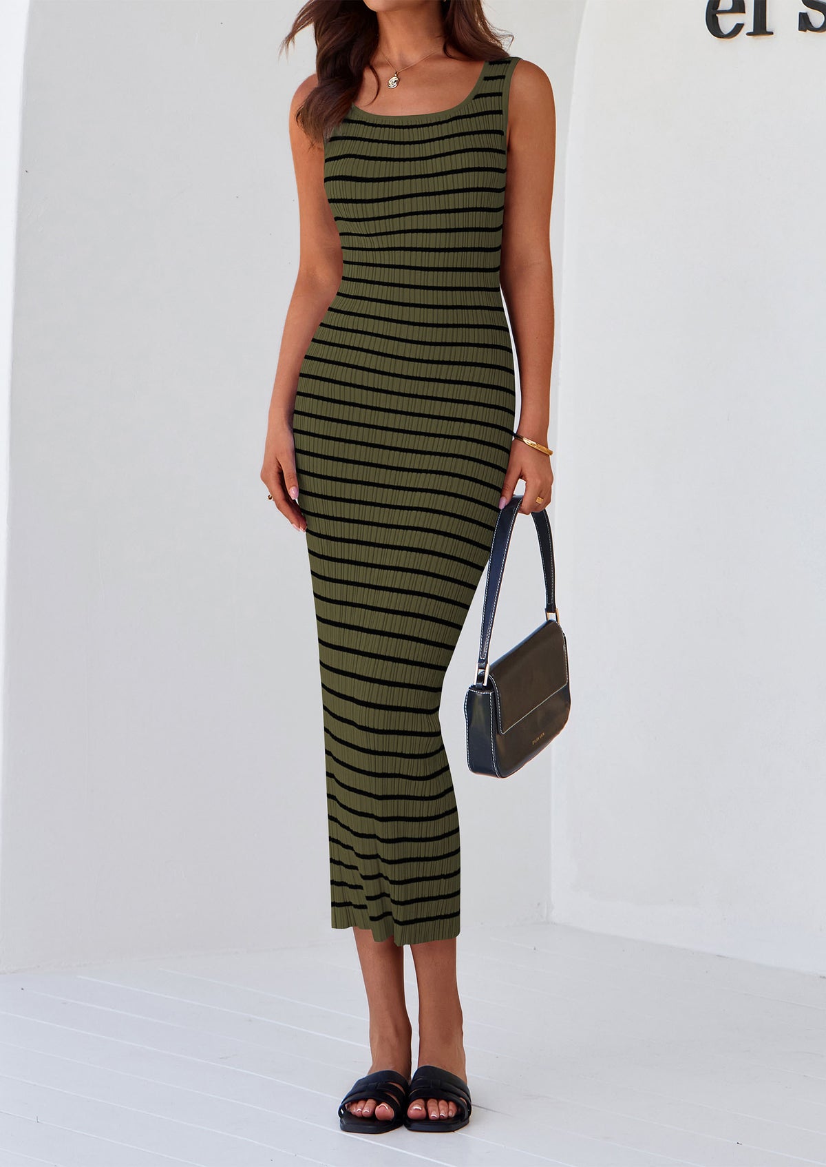 Casual Sleeveless Striped Ribbed Knit Beach Vacation Sundress Tank Midi Dress