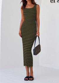 Casual Sleeveless Striped Ribbed Knit Beach Vacation Sundress Tank Midi Dress