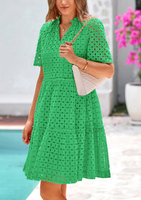 Short Sleeve V Neck Hollow Out Eyelet Ruffle A Line Swing Mini Dress