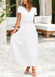 Casual Button V Neck Ruffle Cap Sleeve Long Flowy Pleated Maxi Dresses