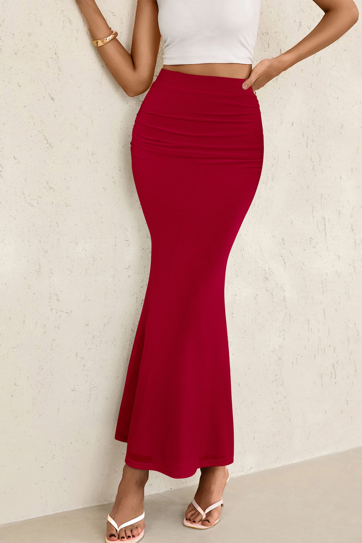 Mermaid Bodycon Trendy Casual High Waisted Ruffle Ruched Long Mesh Skirts
