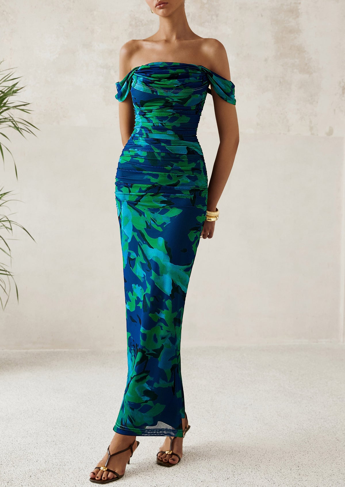 Ruched Bodycon Off Shoulder Floral Mesh Cocktail Party Fitted Maxi Dress