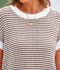 Short Sleeve Round Neck Striped Pullover Cap Sleeve Knit T-shirt