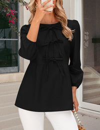 Babydoll Trendy 3/4 Length Puff Sleeve Bow Tie Front Cute Peplum Blouses