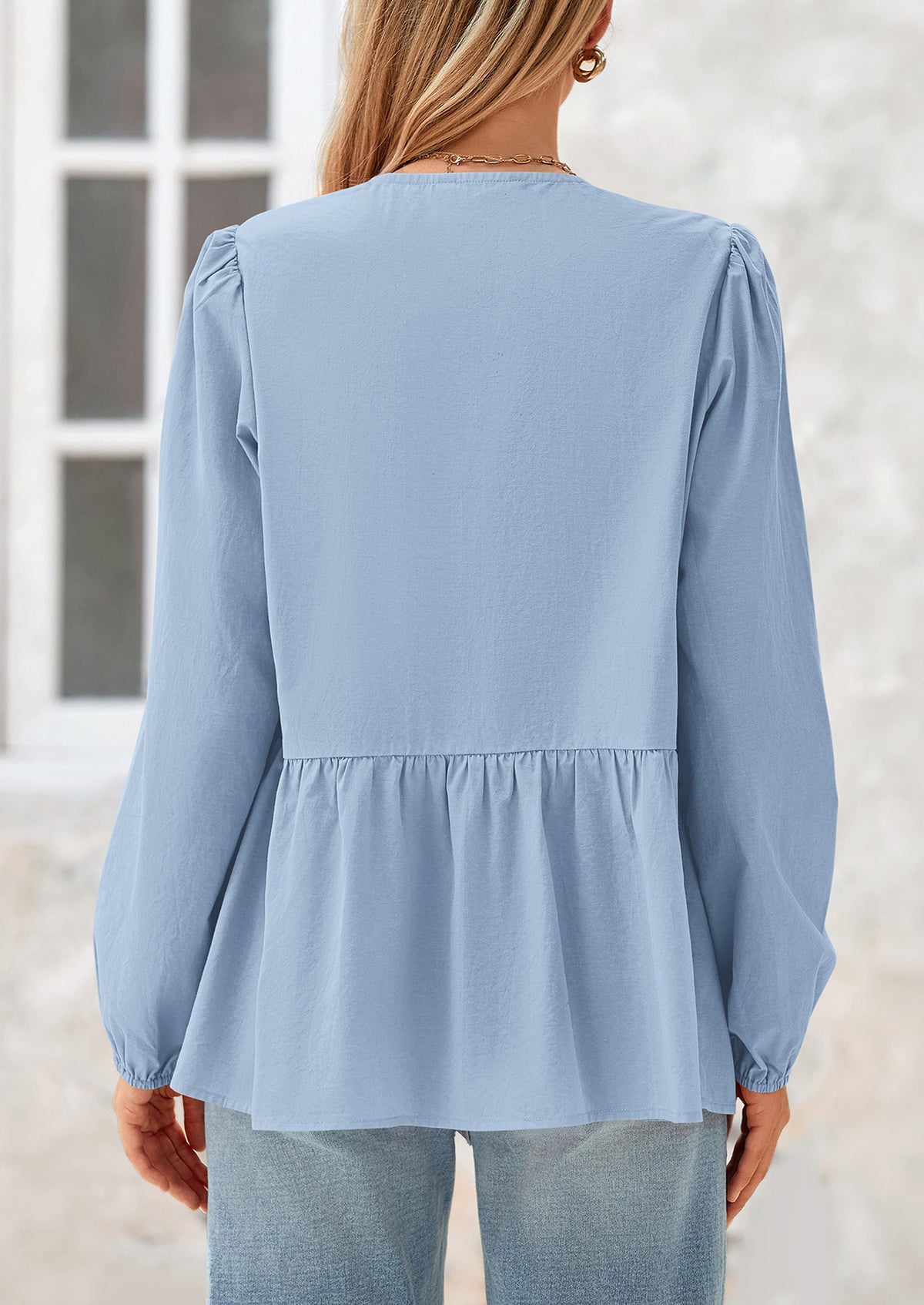 Babydoll Peplum Puff Long Sleeve Bow Tie Front Y2K Blouses