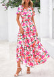 Boho Floral Short Sleeve V Neck A Line Tiered Ruffle Flowy Long Beach Vacation Maxi Dresses