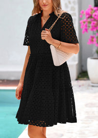 Short Sleeve V Neck Hollow Out Eyelet Ruffle A Line Swing Mini Dress