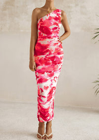One Shoulder Bodycon Printed Ruched Mesh Party Cocktail Fitted Long Dress