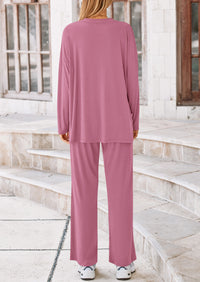 Long Sleeve High Low Tops T-Shirts Wide Leg Pants Two Piece Sets