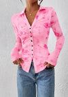 PRETTYGARDEN Women Button Down Floral Shirts Fall Trendy Long Sleeve V Neck Ruched Fitted Mesh Blouse Tops Date Outfits