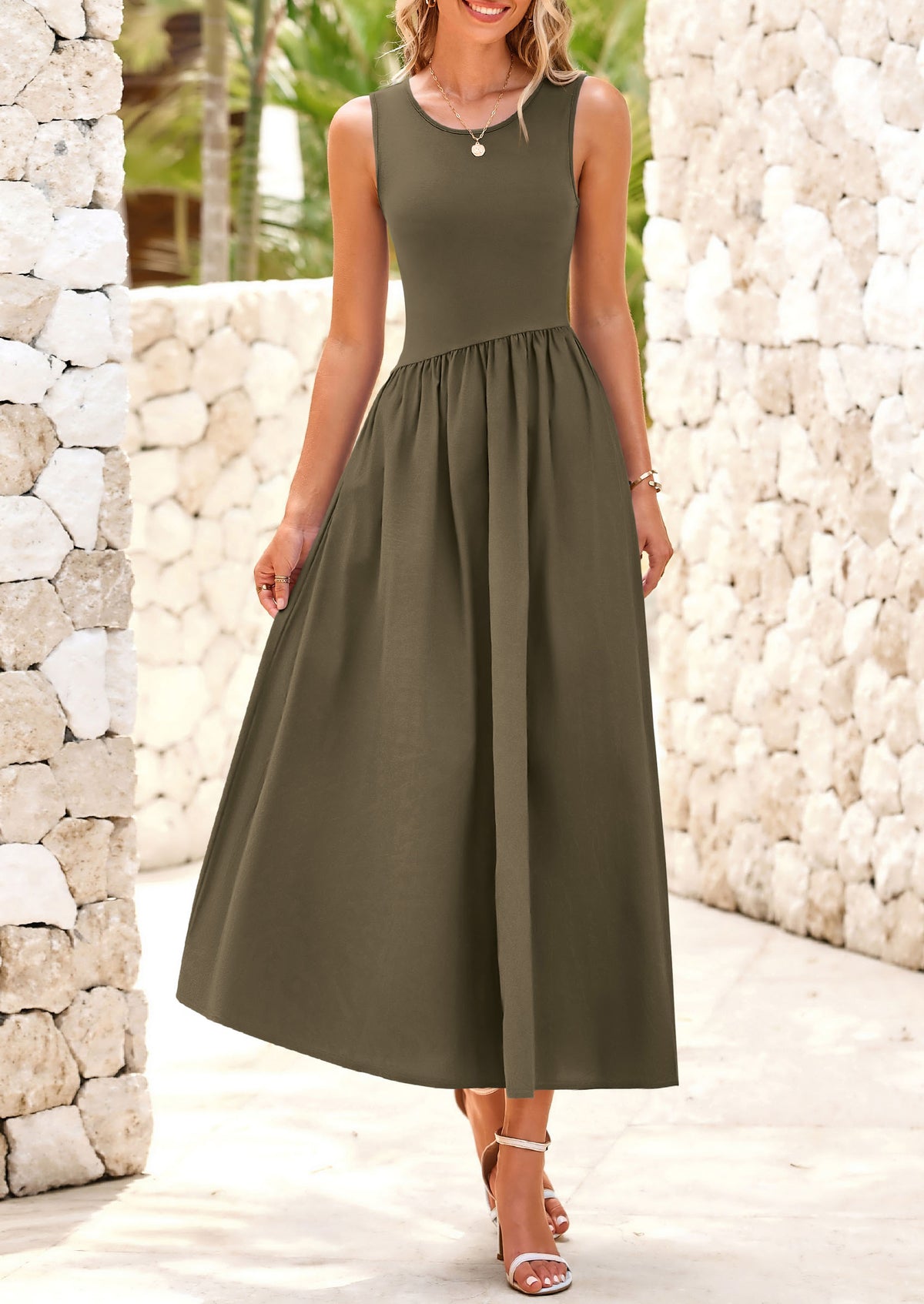 Casual Sleeveless Striped Ribbed Knit Long Dresses Beach Vacation Sundress