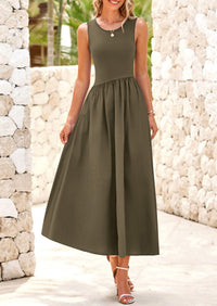 Casual Sleeveless Striped Ribbed Knit Long Dresses Beach Vacation Sundress