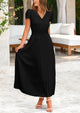 Casual Button V Neck Ruffle Cap Sleeve Long Flowy Pleated Maxi Dresses