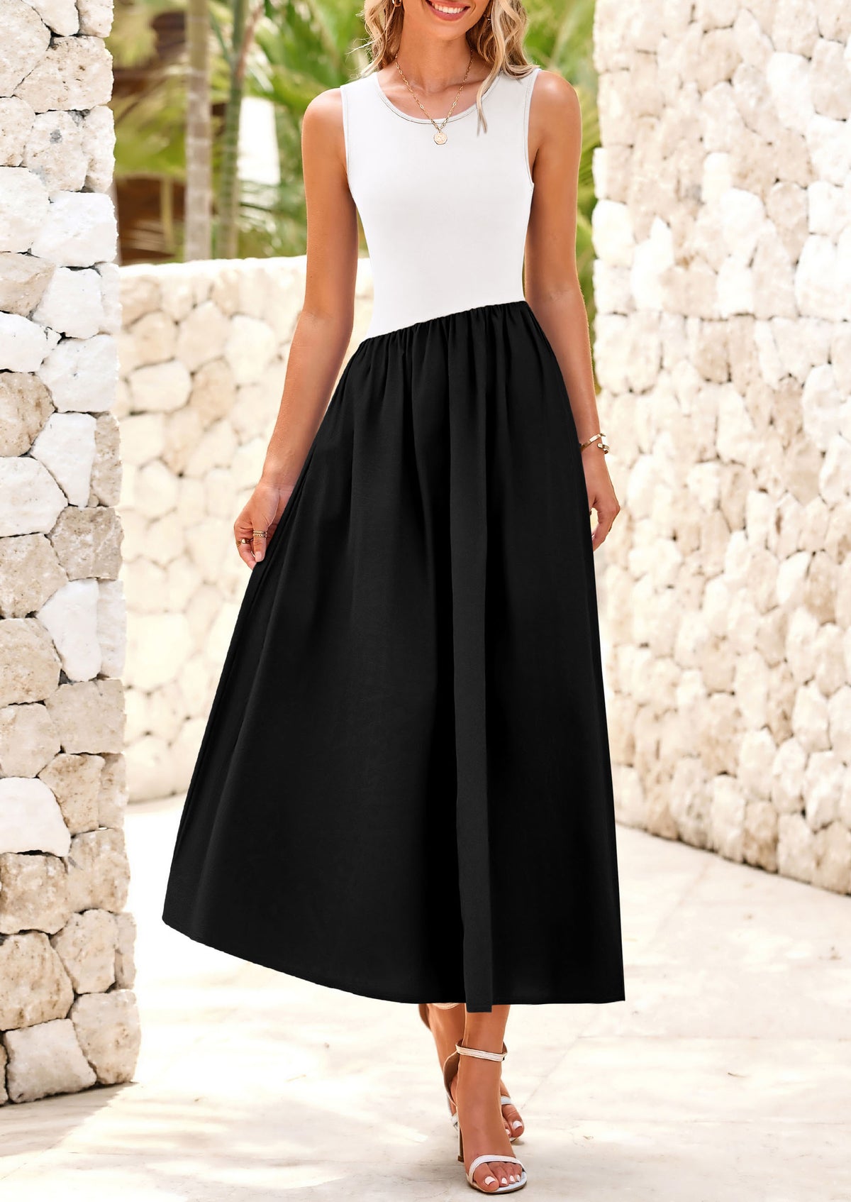 Casual Sleeveless Striped Ribbed Knit Long Dresses Beach Vacation Sundress