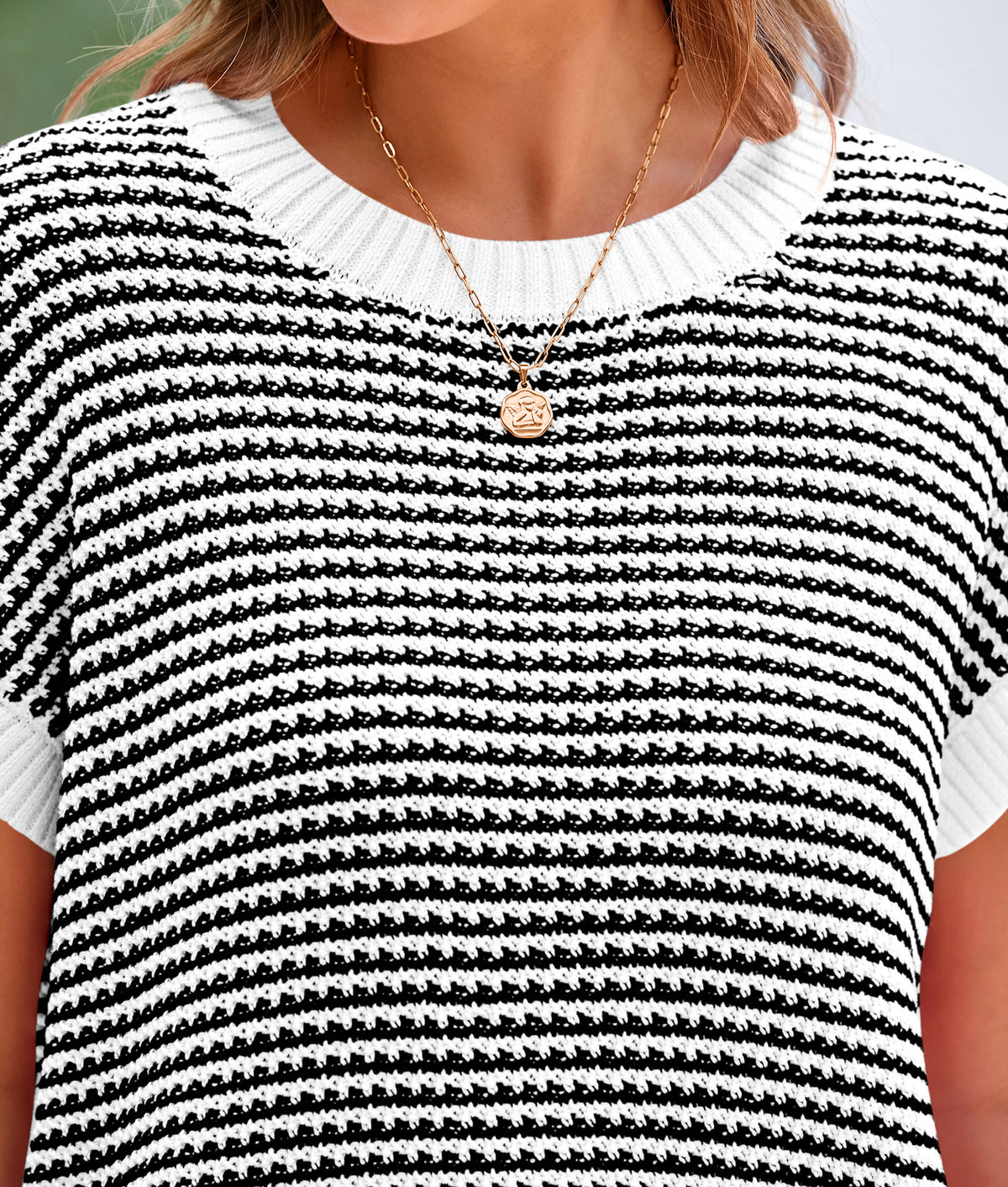 Short Sleeve Round Neck Striped Pullover Cap Sleeve Knit T-shirt