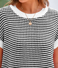 Short Sleeve Round Neck Striped Pullover Cap Sleeve Knit T-shirt