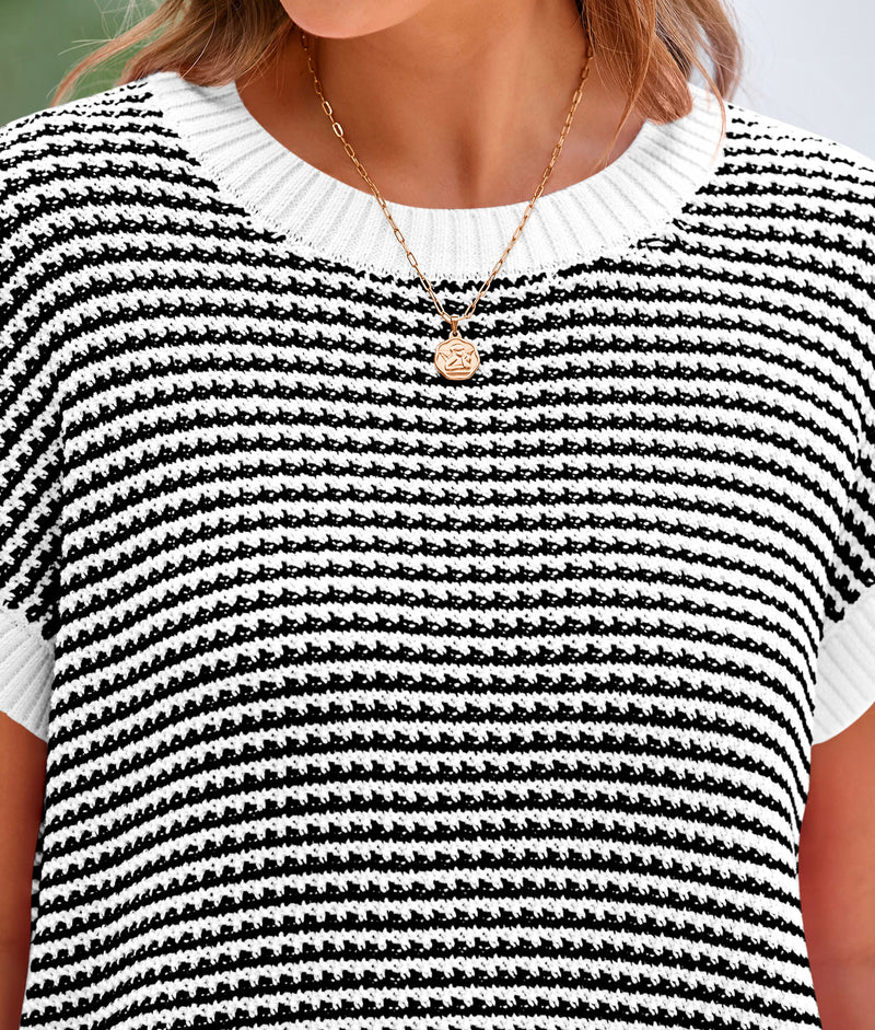 PRETTYGARDEN Womens Short Sleeve Sweater Spring Summer Round Neck Striped Pullover Cap Sleeve Knit Sweater Vest Tops