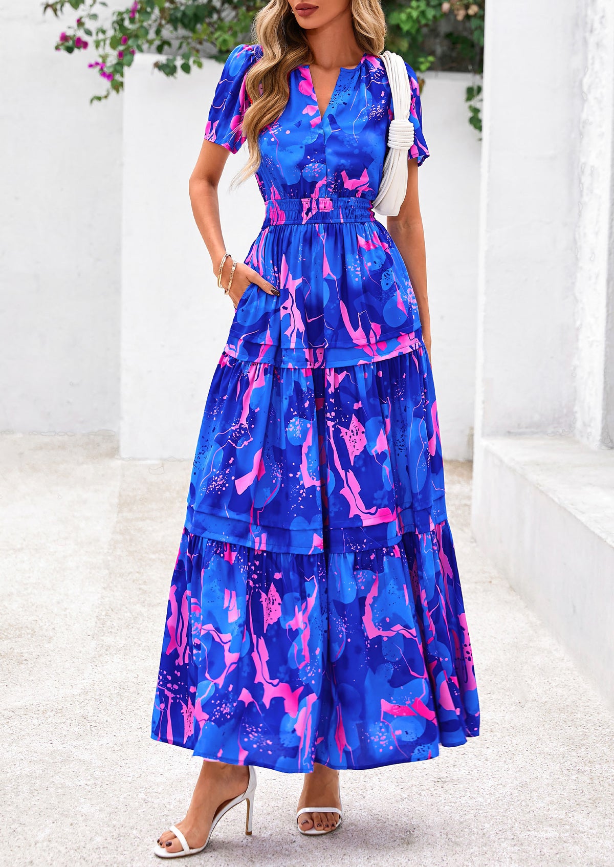 Boho Floral Short Sleeve V Neck A Line Tiered Ruffle Flowy Long Beach Vacation Maxi Dresses