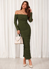 PRETTYGARDEN Womens Fall Long Sleeve Maxi Dress Off Shoulder Mesh Ruched Bodycon Trendy Long Wedding Guest Dresses PRETTYGARDEN