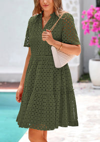 Short Sleeve V Neck Hollow Out Eyelet Ruffle A Line Swing Mini Dress