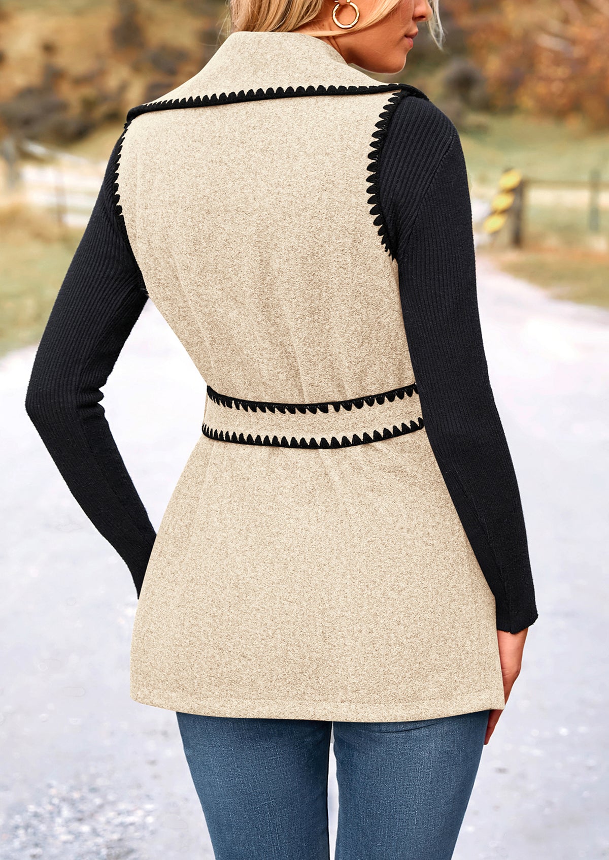 Tweed Sleeveless Lapel Button Front Belt Color Block Vest Jackets
