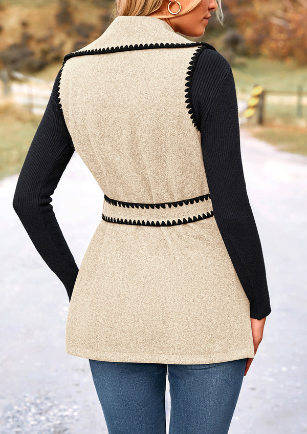 Tweed Sleeveless Lapel Button Front Belt Color Block Vest Jackets