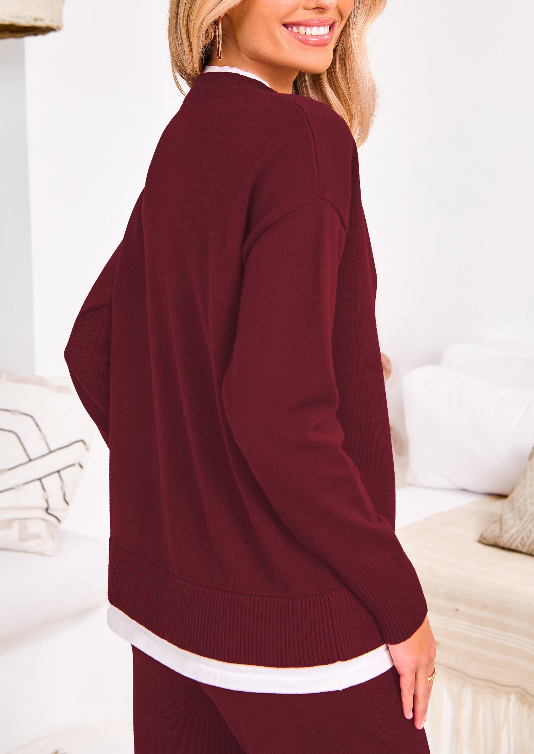 PRETTYGARDEN Two Piece Matching Sweater Lounge Sets Knit Long Sleeve Pullover Tops Wide Leg Pants