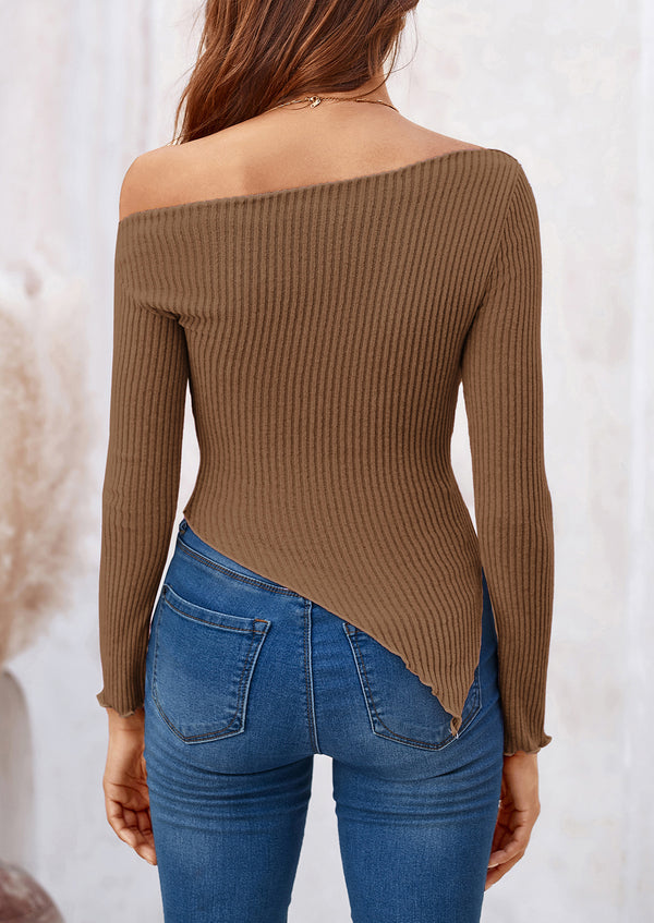 Long Sleeve Y2K Crop Top Off Shoulder Asymmetrical Fitted Knit Blouses