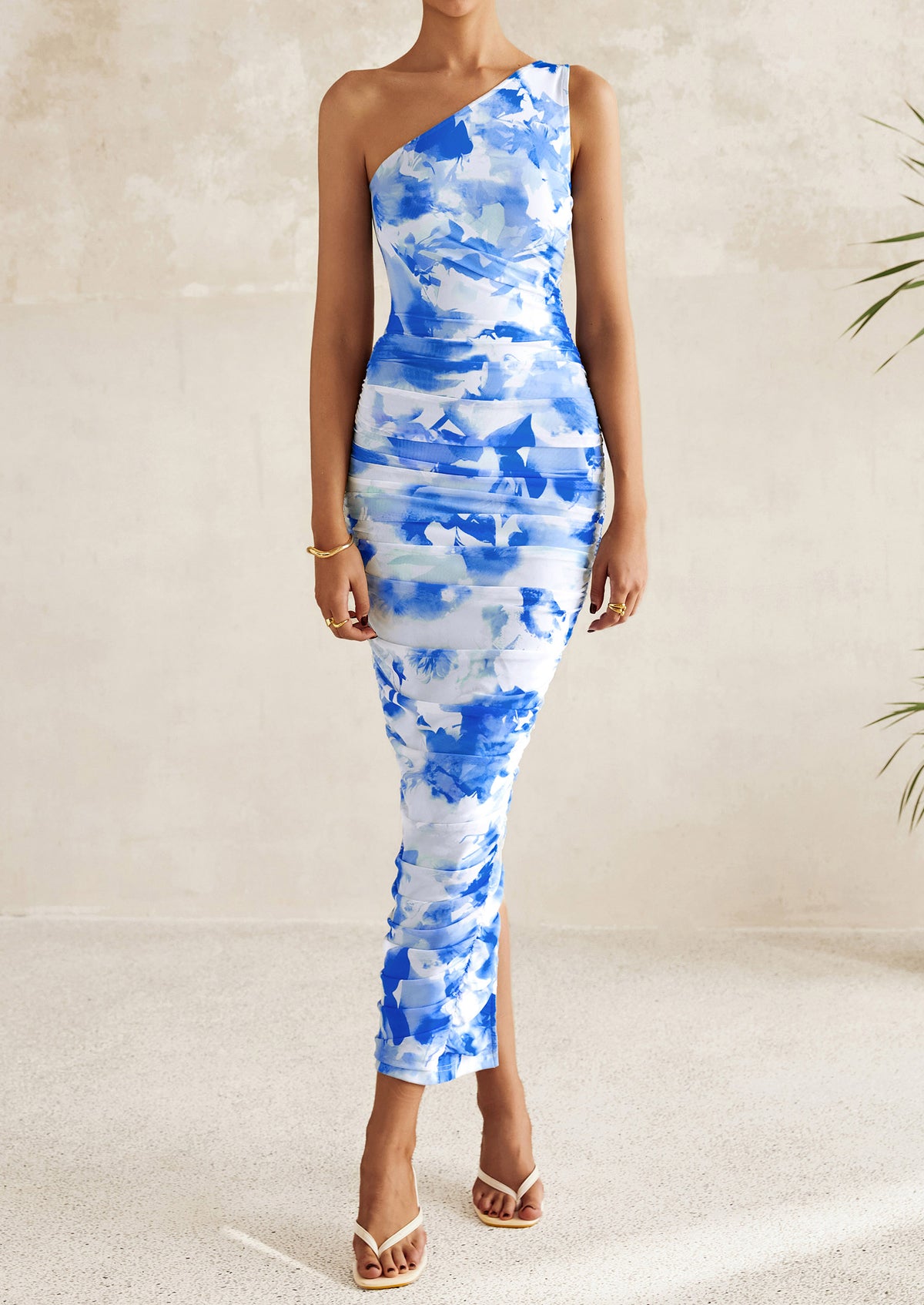 One Shoulder Bodycon Printed Ruched Mesh Party Cocktail Fitted Long Dress