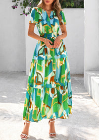 Boho Floral Short Sleeve V Neck A Line Tiered Ruffle Flowy Long Beach Vacation Maxi Dresses