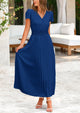 Casual Button V Neck Ruffle Cap Sleeve Long Flowy Pleated Maxi Dresses
