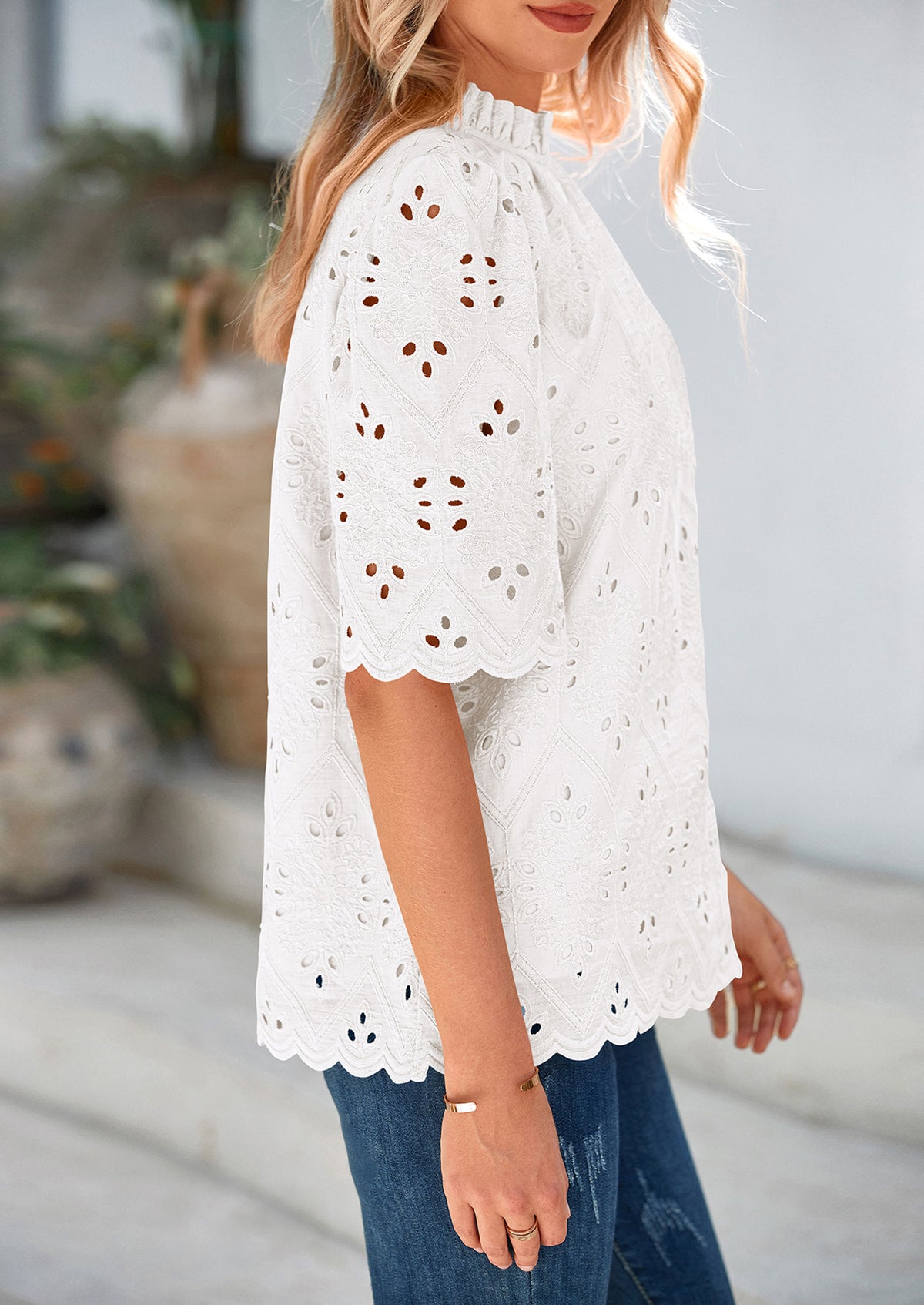 Short Sleeve Eyelet Embroidered Dressy Casual Blouse