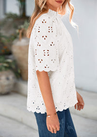 Short Sleeve Eyelet Embroidered Dressy Casual Blouse