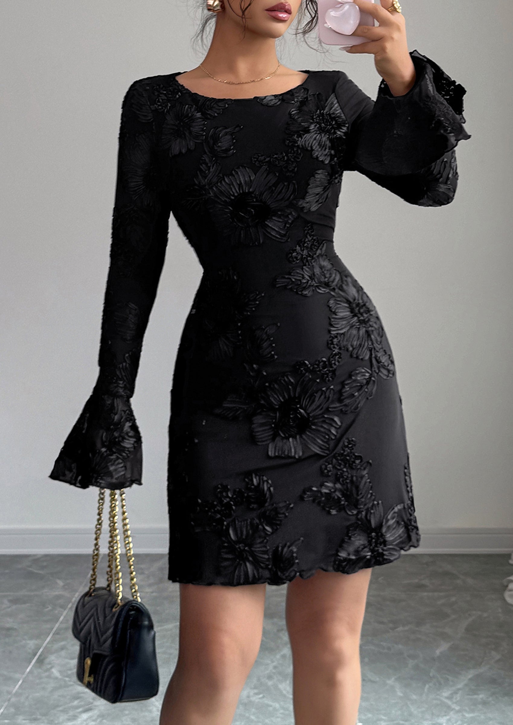 PRETTYGARDEN Women's Floral Embroidered Dress Fall Long Bell Sleeve Ribbon Flower Mini Short Mesh Bodycon Party Dresses