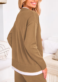 PRETTYGARDEN Two Piece Matching Sweater Lounge Sets Knit Long Sleeve Pullover Tops Wide Leg Pants