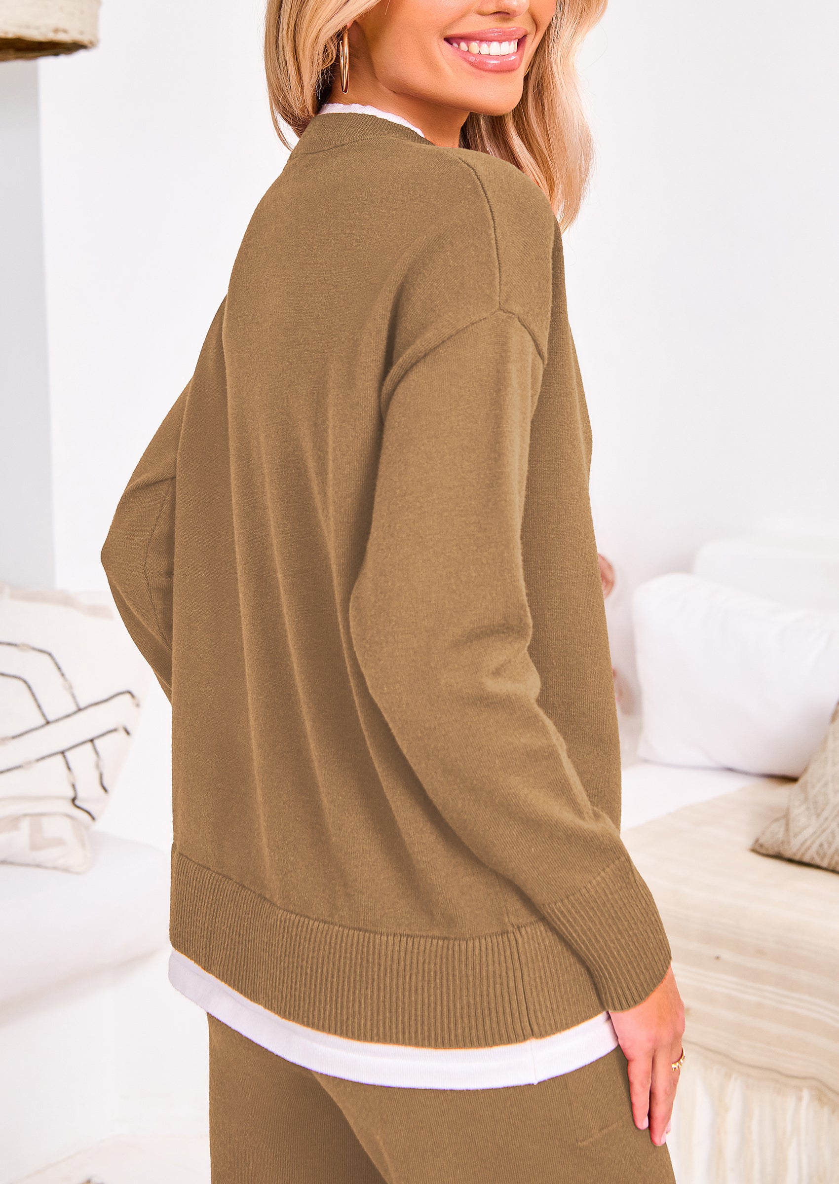 PRETTYGARDEN Two Piece Matching Sweater Lounge Sets Knit Long Sleeve Pullover Tops Wide Leg Pants