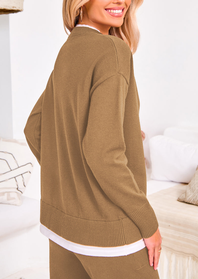 PRETTYGARDEN Two Piece Matching Sweater Lounge Sets Knit Long Sleeve Pullover Tops Wide Leg Pants