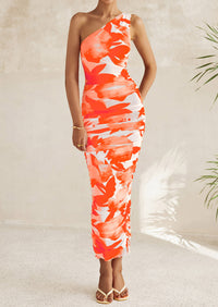 One Shoulder Bodycon Printed Ruched Mesh Party Cocktail Fitted Long Dress