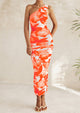 One Shoulder Bodycon Printed Ruched Mesh Party Cocktail Fitted Long Dress