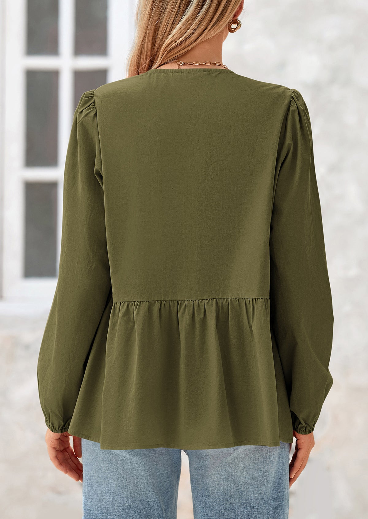 Babydoll Peplum Puff Long Sleeve Bow Tie Front Y2K Blouses
