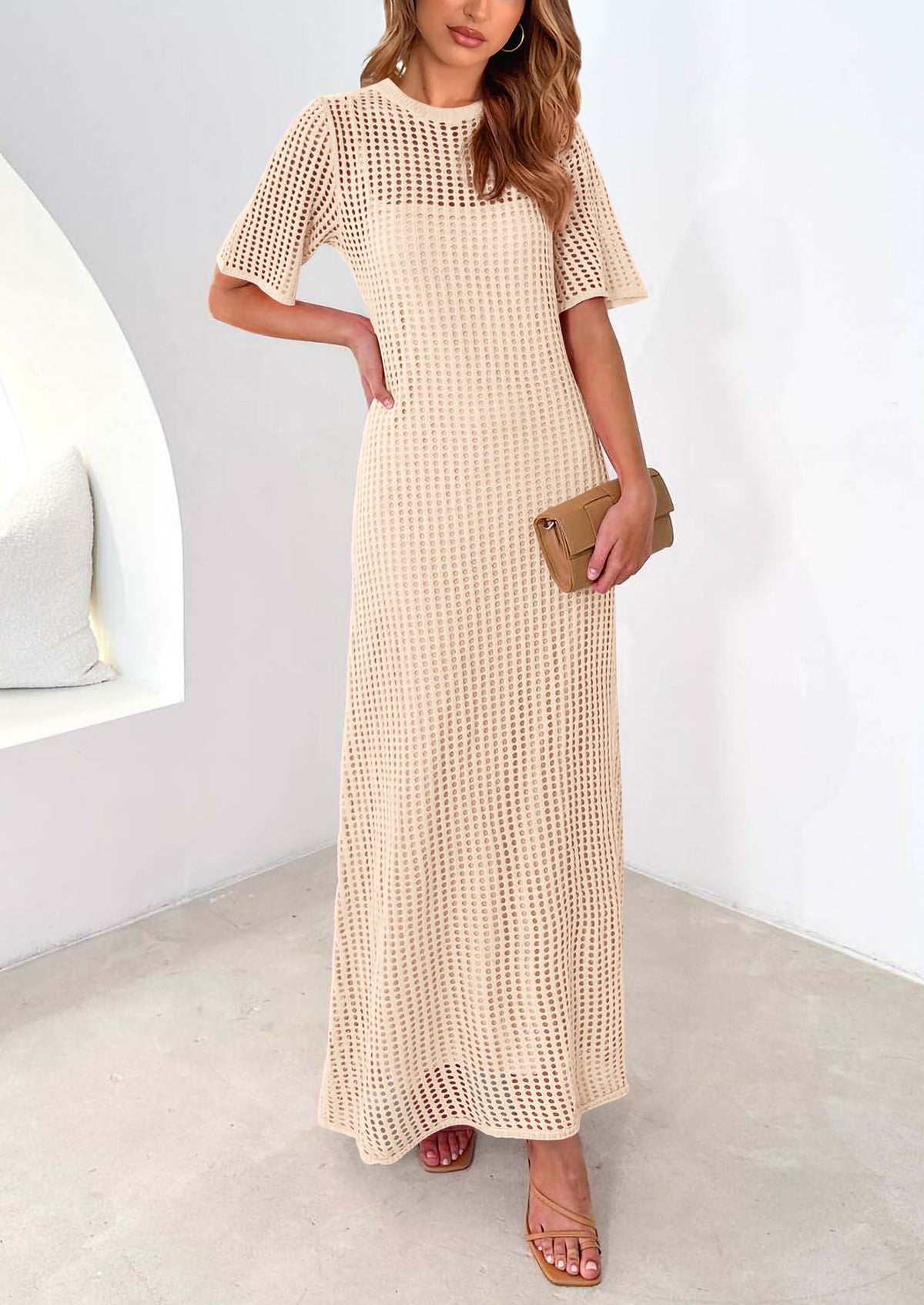 Eyelet Beach Vacation Resort Short Sleeve Hollow Out Dress Cover Up Maxi Dresses