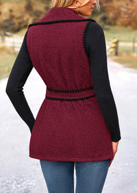 Tweed Sleeveless Lapel Button Front Belt Color Block Vest Jackets