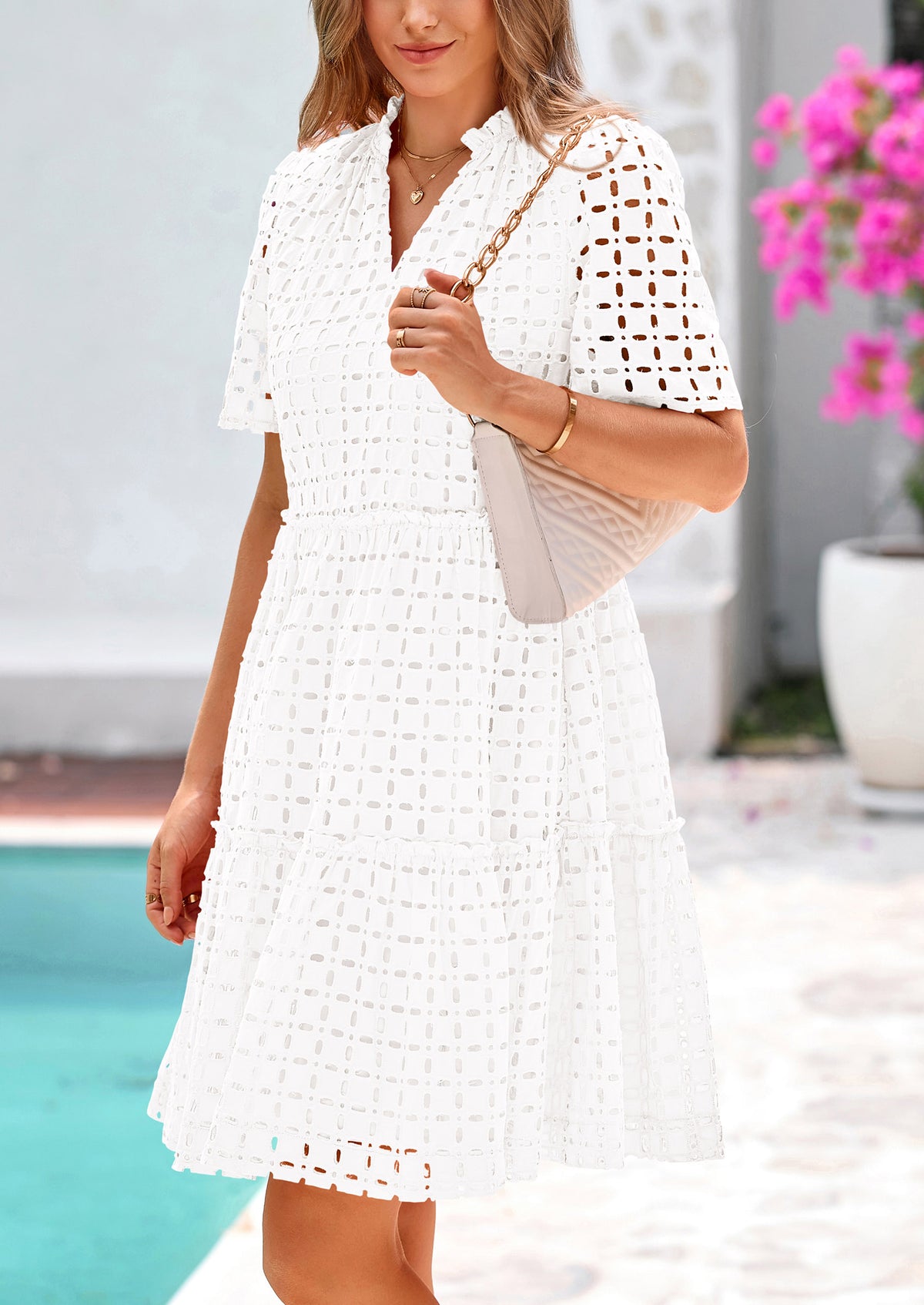 Short Sleeve V Neck Hollow Out Eyelet Ruffle A Line Swing Mini Dress