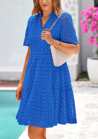Short Sleeve V Neck Hollow Out Eyelet Ruffle A Line Swing Mini Dress