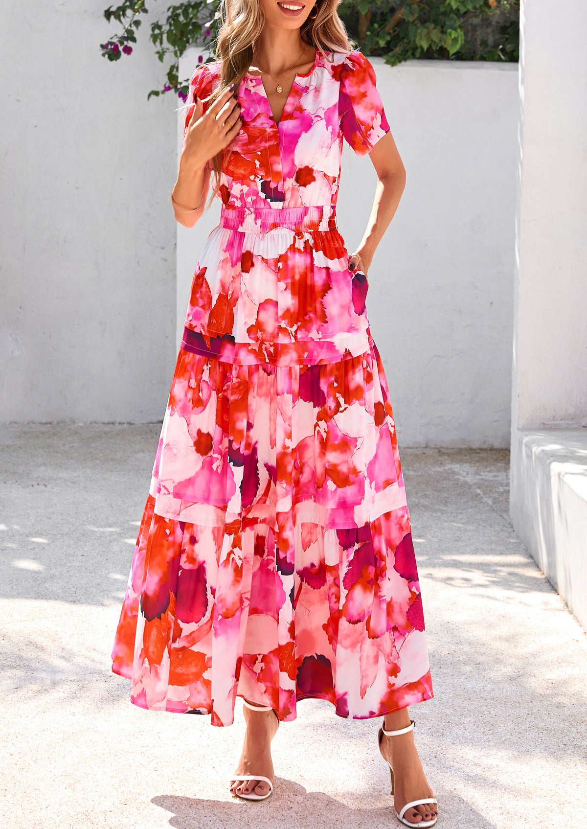 Boho Floral Short Sleeve V Neck A Line Tiered Ruffle Flowy Long Beach Vacation Maxi Dresses