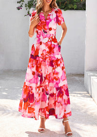 Boho Floral Short Sleeve V Neck A Line Tiered Ruffle Flowy Long Beach Vacation Maxi Dresses